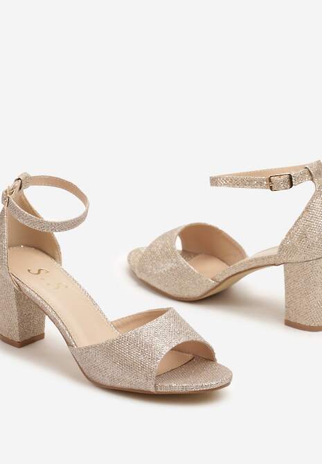 Złote Sandały na Obcasie Ozdobione Brokatem Selindrael