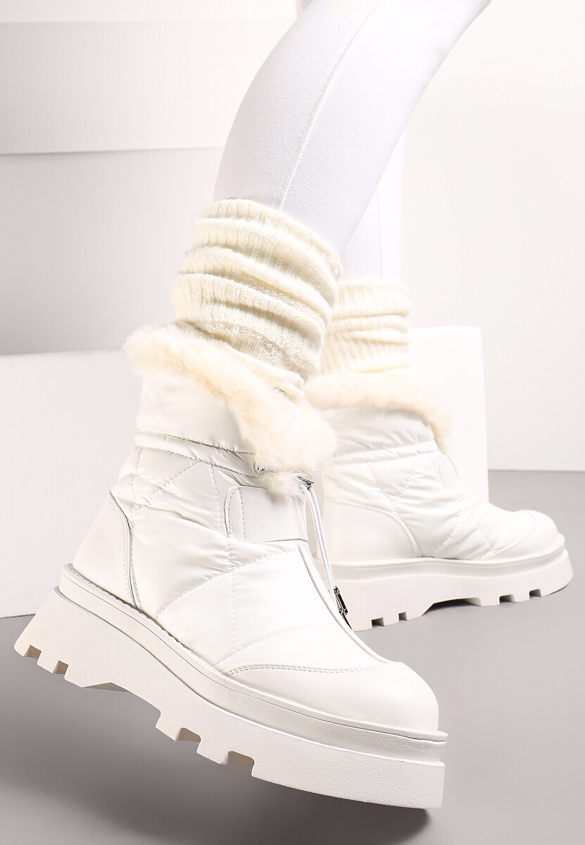 Białe Śniegowce z Futerkiem na Grubej Podeszwie ze Ściągaczem Azelma