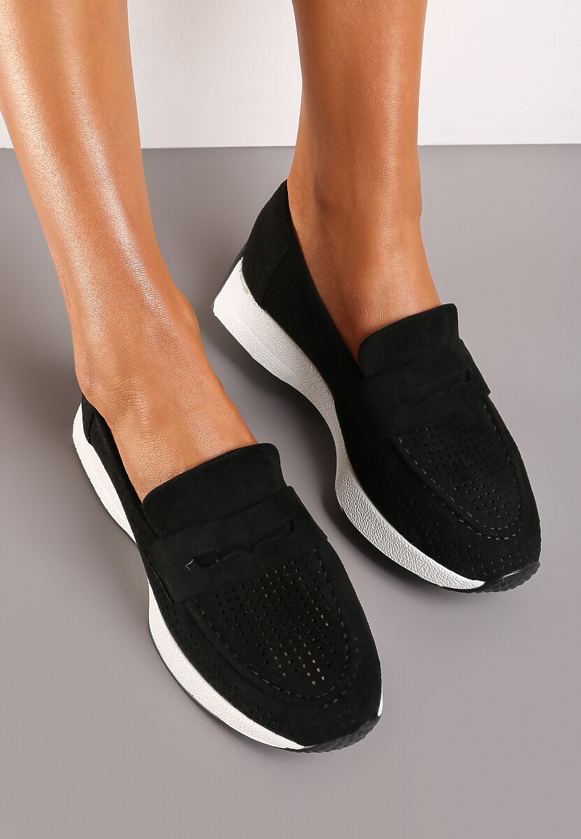 Czarne Ażurowe Półbuty Mokasyny na Niewysokiej Platformie Zuni