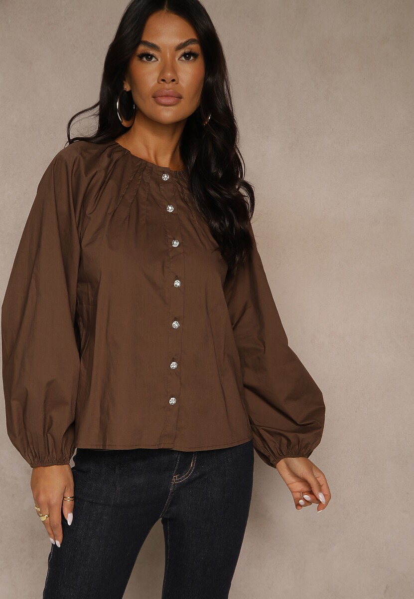 Brązowa Bawełniana Koszula Ozdobiona Marszczeniem i Guzikami z Cyrkoniami Zenana
