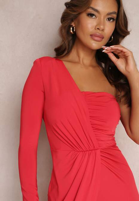 Czerwona Asymetryczna Sukienka Maxi Zdobiona Drapowaniem Kiari