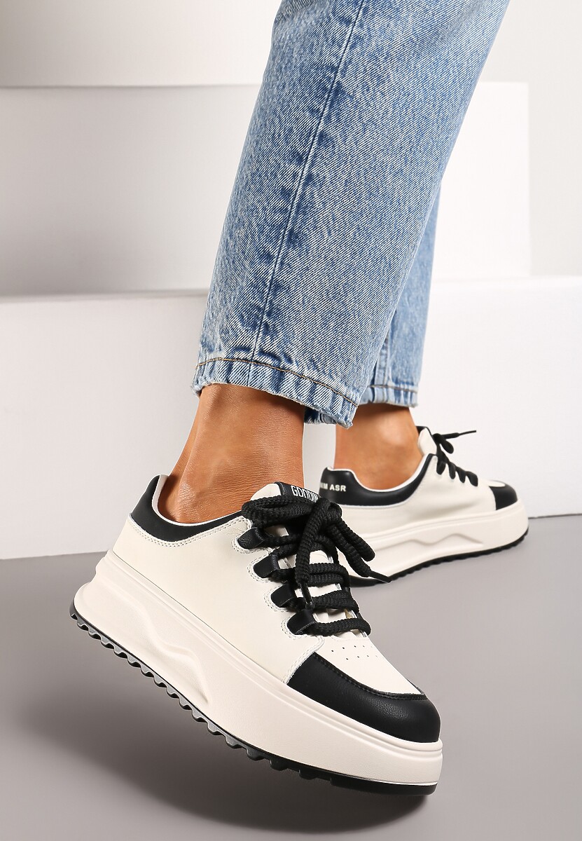 Biało-Czarne Sneakersy ze Skóry Naturalnej z Platformą i Szerokimi Sznurówkami Talthea