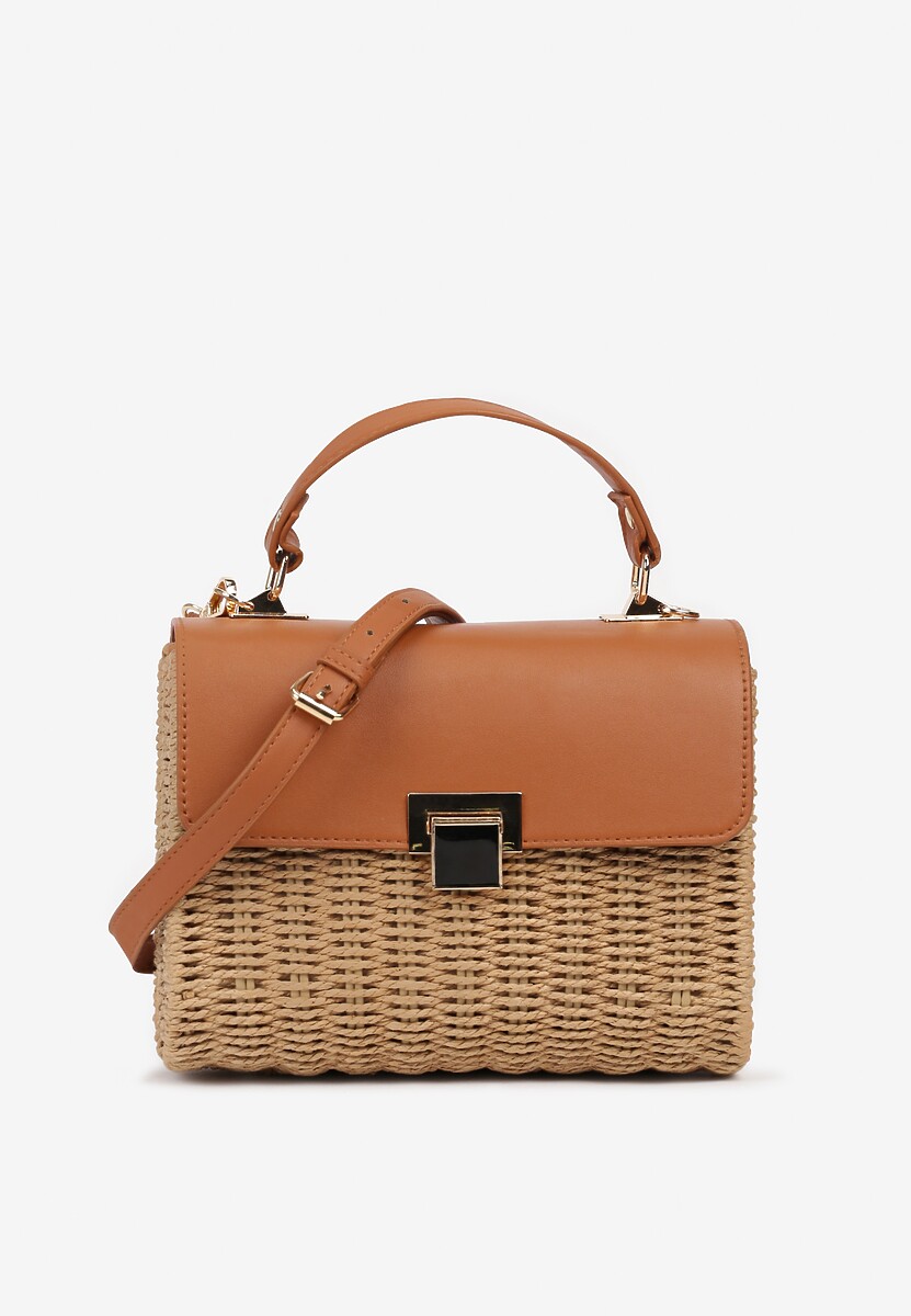 Beżowa Pleciona Torebka z Klapą z Imitacji Skóry Zapinana na Metalowe Zapięcie Timasllie
