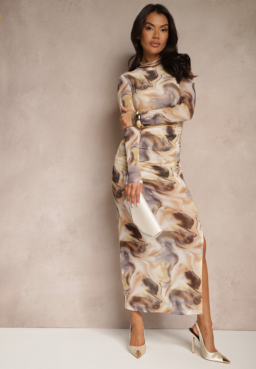 Beżowa Siateczkowa Sukienka Bodycon z Połyskującym Wzorem Tie-Dye Niniriela