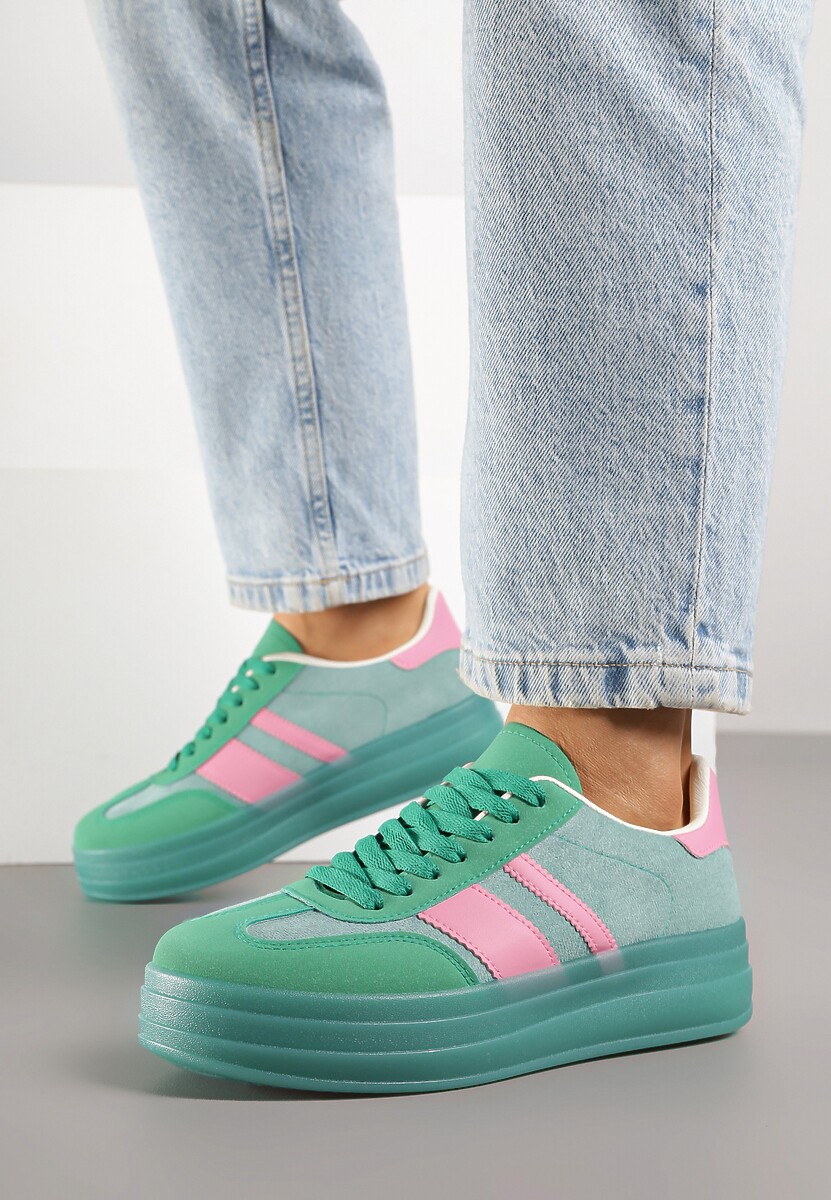 Zielono-Różowe Sneakersy w Stylu Tenisówek z Geometrycznym Wzorem Melundea