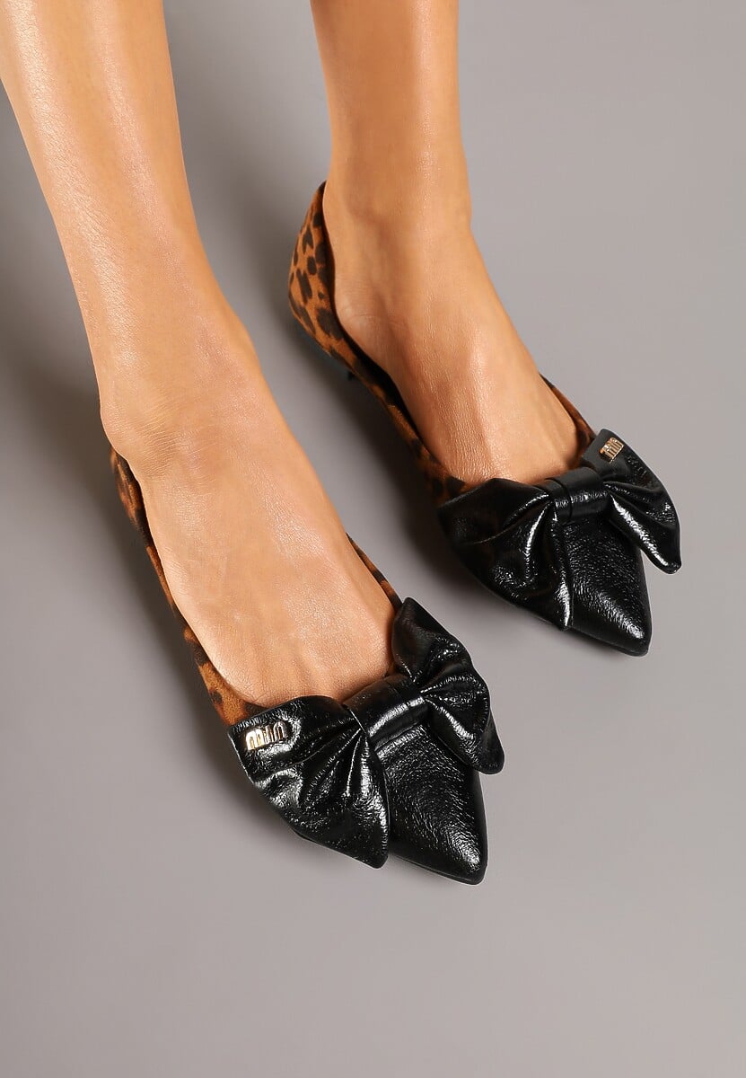 Brązowe Panterkowe Balerinki ze Szpiczastym Noskiem i Aplikacją z Kokardą Eleariva