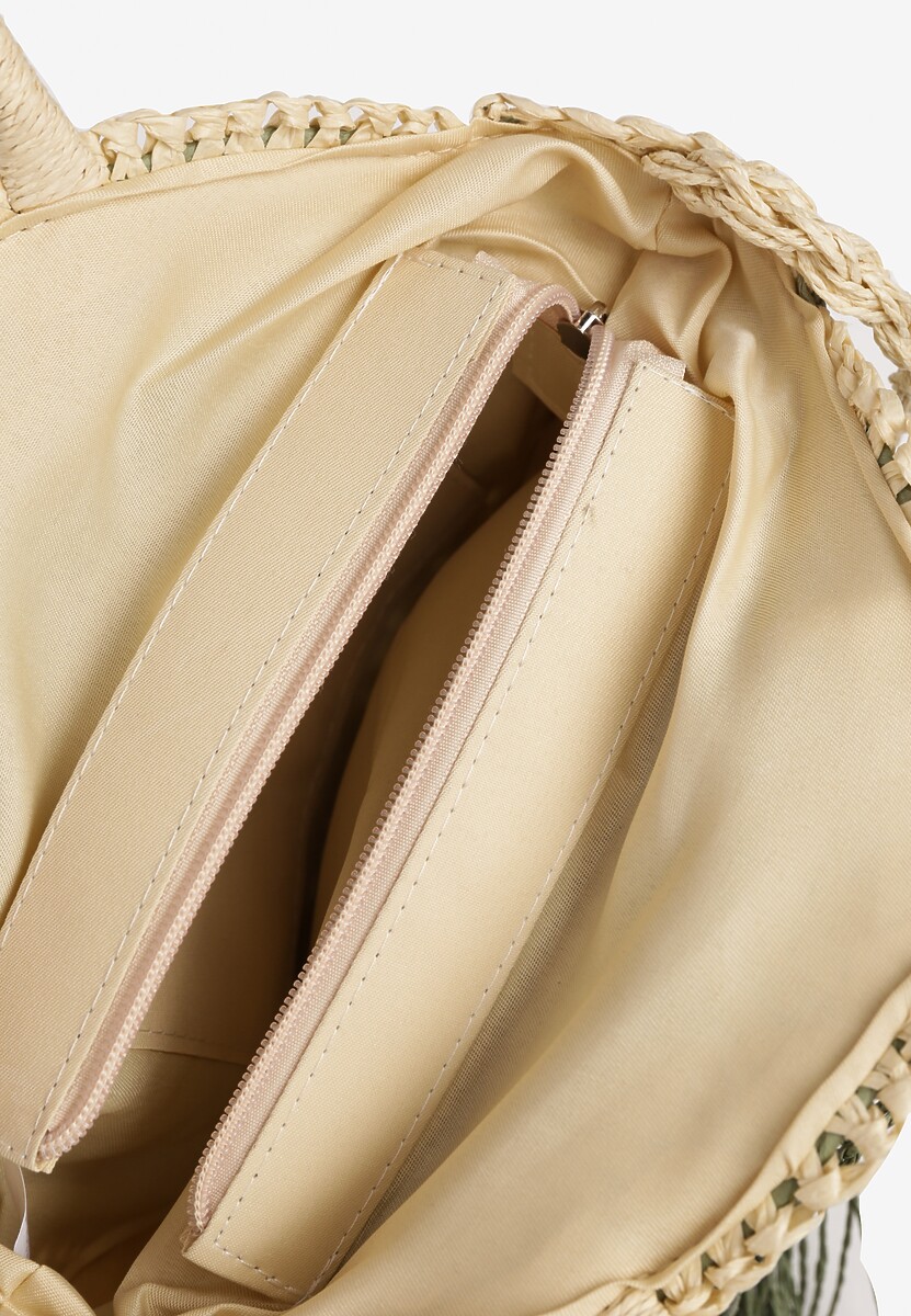 Beżowo-Zielona Torebka z Plecionki o Okrągłym Kształcie Ozdobiona Frędzlami Solaura