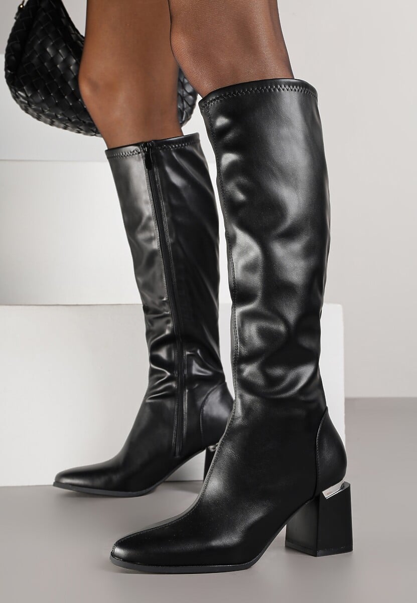 Czarne Klasyczne Kozaki VICES na Słupkowym Obcasie z Metaliczną Aplikacją Rannora