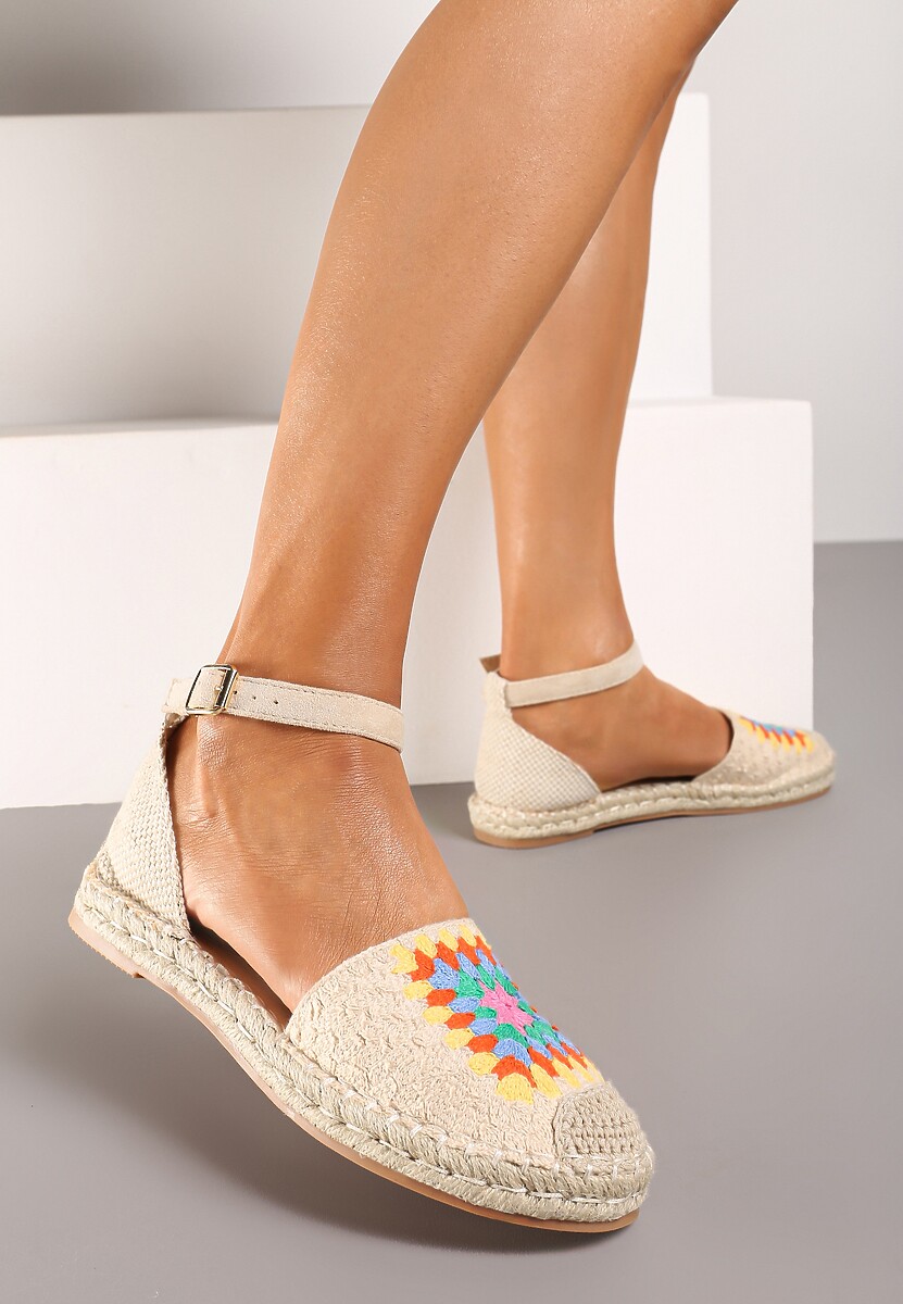 Beżowe Espadryle na Płaskiej Podeszwie Zapinane na Sprzączkę z Plecioną Podeszwą Laveda