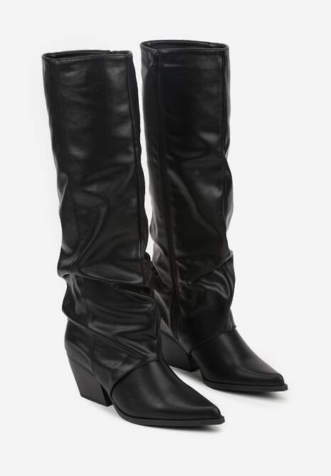 Czarne Marszczone Kozaki na Obcasie w Kształcie Stożka Atima