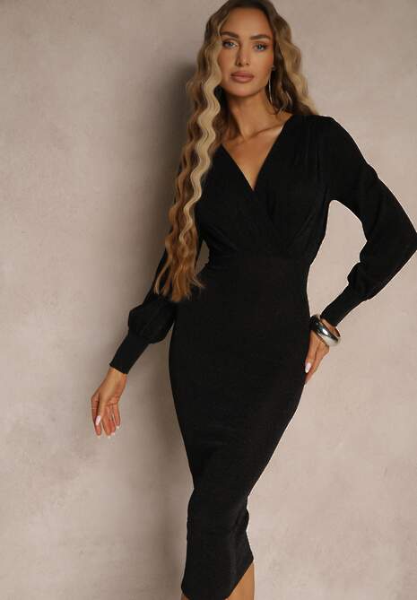 Czarna Kopertowa Sukienka o Dopasowanym Fasonie z Bufiastymi Rękawami Ulosira