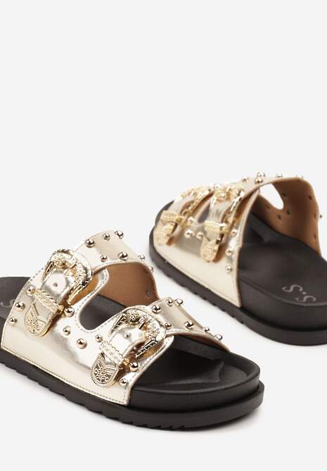 Złote Klapki z Ozdobnymi Paskami ze Sprzączkami i Nitami Aveloiti