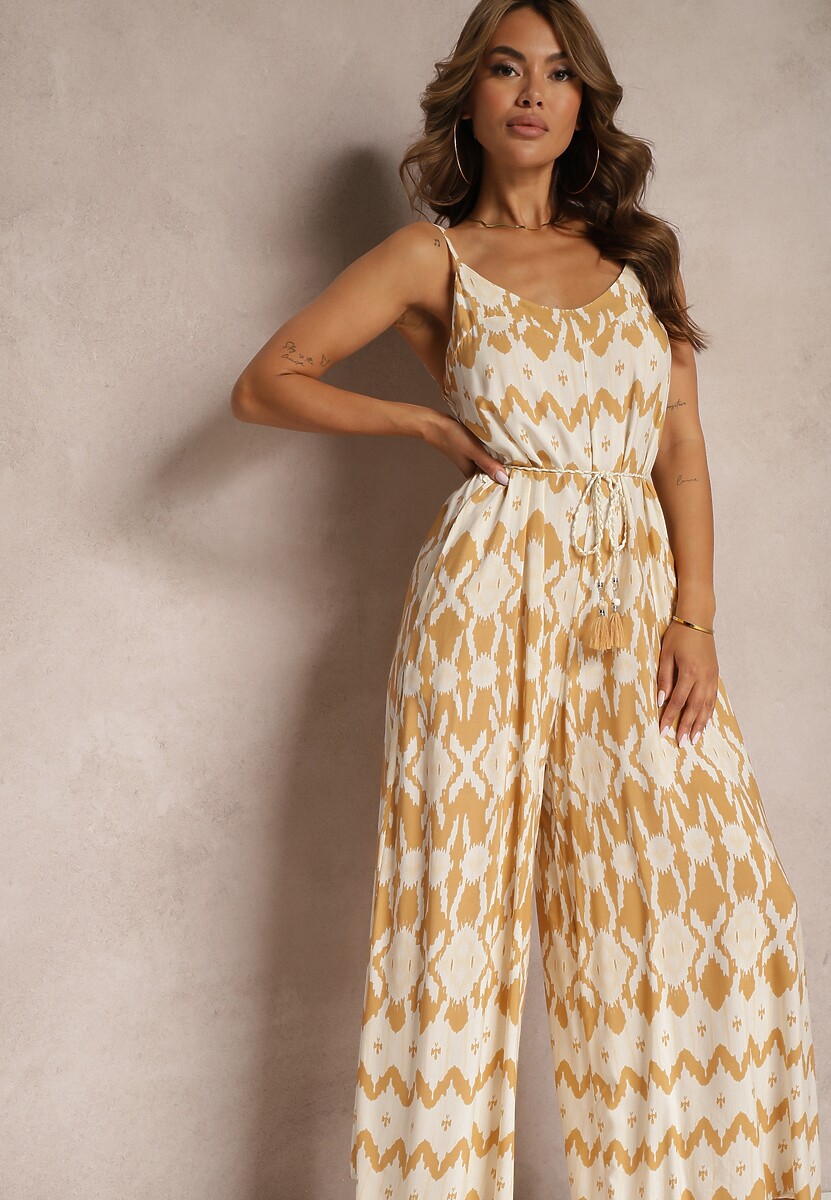 Beżowy Kombinezon z Wiskozy na Cienkich Ramiączkach o Geometrycznym Wzorze z Paskiem Vikine