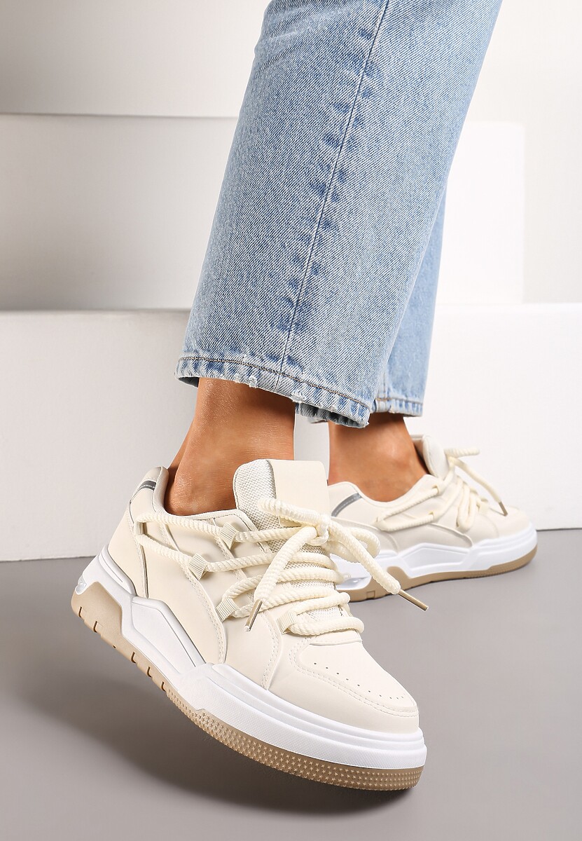 Beżowe Sneakersy z Szerokimi Ozdobnymi Sznurówkami Naale