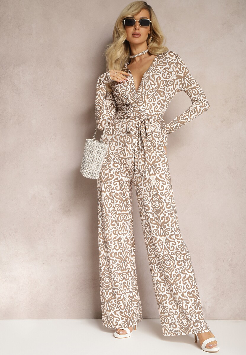 Beżowy Długi Kombinezon z Ornamentalnym Wzorem i Wiązanym Paskiem Feniti