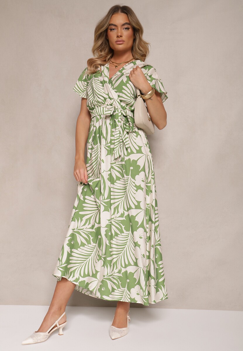 Zielona Rozkloszowana Sukienka z Wiskozy w Kwiaty Elarielis