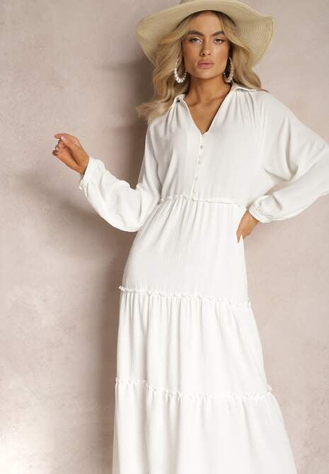 Biała Rozkloszowana Sukienka Maxi z Falbankami i Kołnierzykiem Rehtima