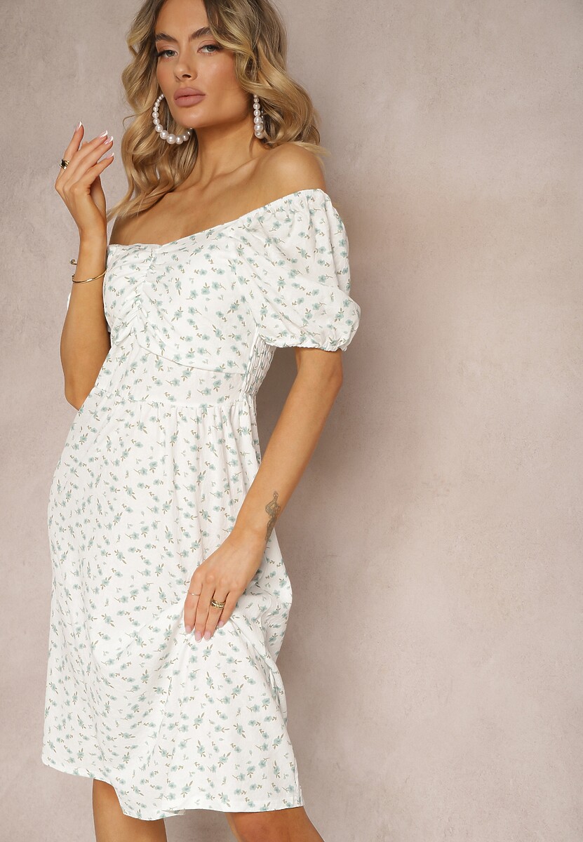 Biało-Miętowa Kwiecista Sukienka z Marszczeniem przy Dekolcie i Gumką w Talii Fripia