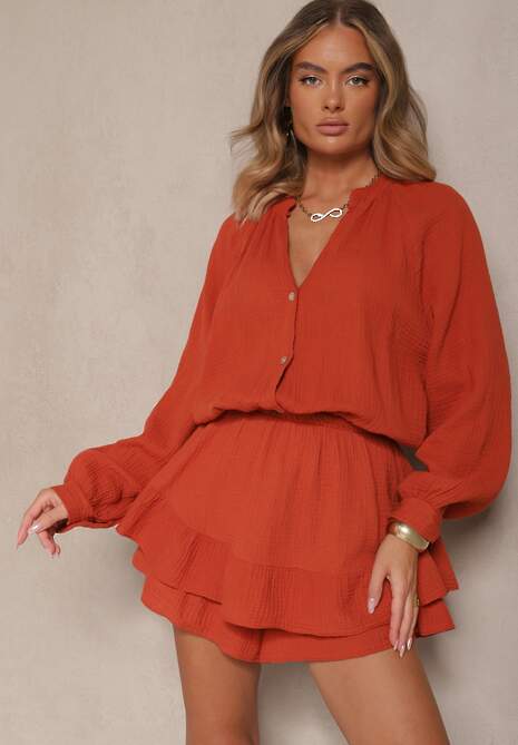 Pomarańczowy Kombinezon z Bawełny ze Spódnico-Spodenkami i Guzikami oraz Gumką w Talii Vimatthea