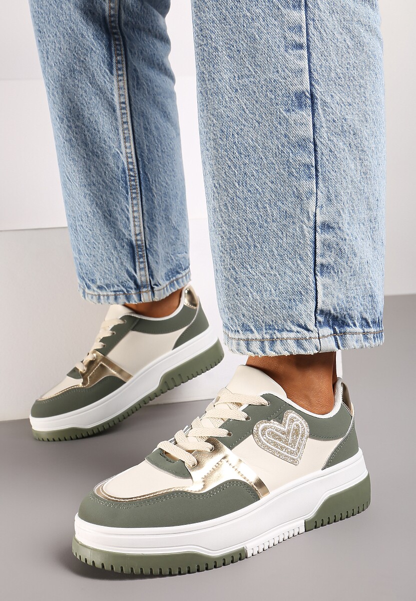 Zielone Sneakersy z Brokatową Naszywką w Kształcie Serca Avioneria