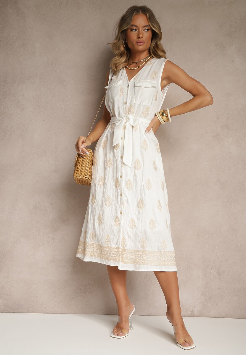 Biała Koszulowa Sukienka z Wiskozy Ozdobiona Paskiem i Haftami Aralova