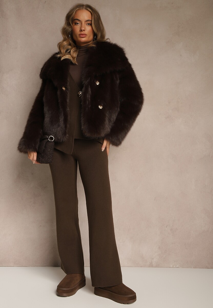 Brązowy Dzianinowy Komplet z Wiskozą Spodnie i Asymetryczny Kardigan Uninassa