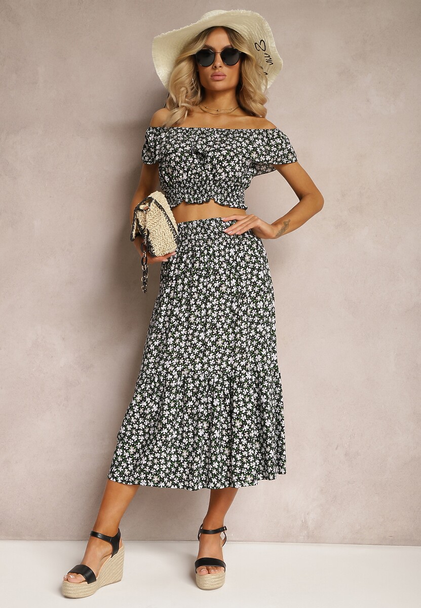 Czarny 2-częściowy Komplet Bawełniany z Topem i Długą Spódnicą w Kwiaty Agnda