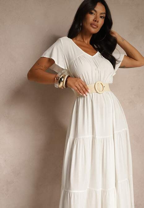 Biała Sukienka z Wiskozy o Rozkloszowanym Kroju z Falbanami Jonmy