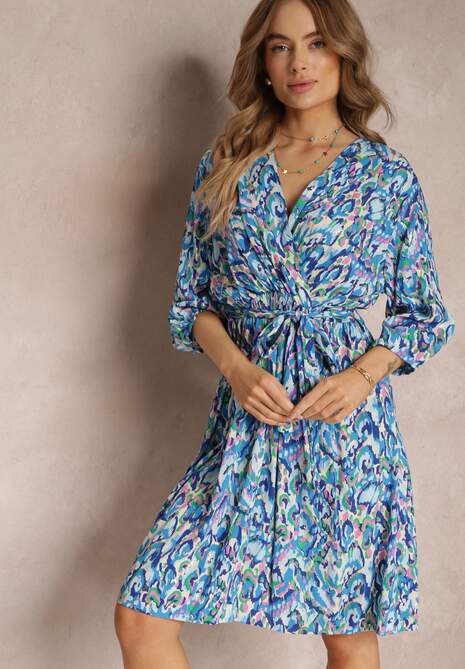 Niebieska Kopertowa Sukienka Midi z Wiązanym Paskiem i Metaliczną Nitką Armellia