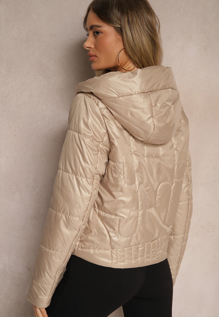 Beżowa Kurtka z Kapturem Ozdobiona Pikowaniem Talemi