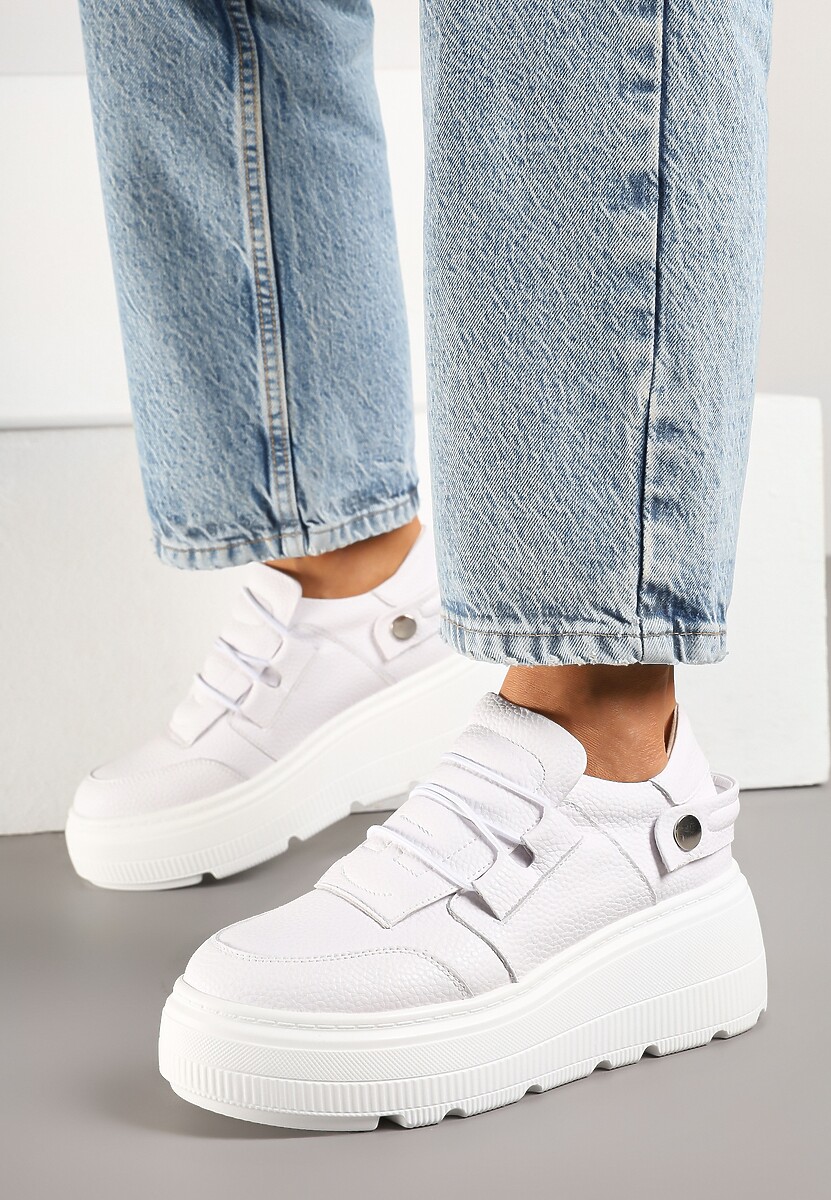 Białe Sneakersy na Platformie ze Skóry Naturalnej z Ozdobnym Paskiem Reselle