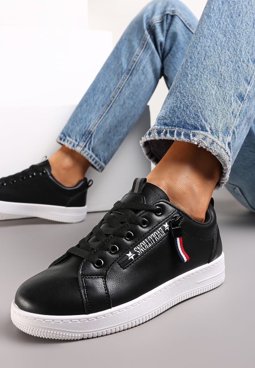 Czarne Wiązane Sneakersy przed Kostkę z Ozdobnym Suwakiem i Naszywką Hypatha