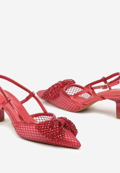 Czerwone Czółenka Lakierowane na Obcasie Kaczuszce Ozdobione Cyrkoniami i Kokardą Emariel