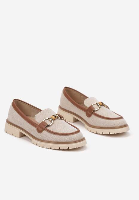 Beżowo-Brązowe Mokasyny z Plecionki z Ozdobną Aplikacją w Kształcie Łańcuszka Faneolyn