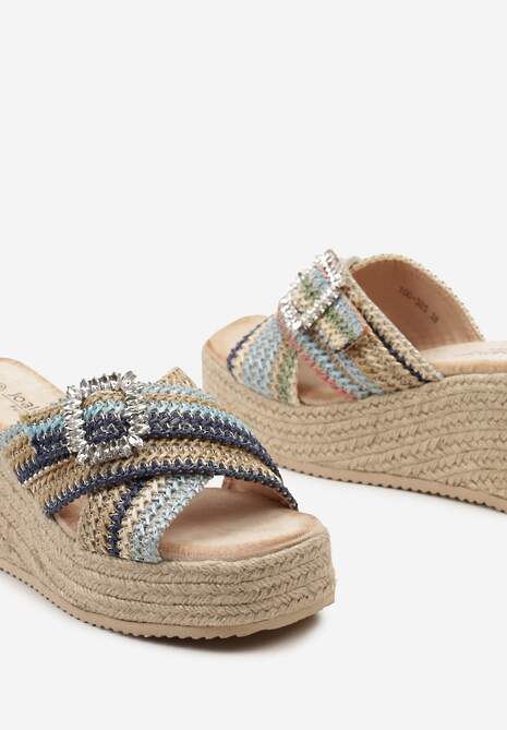 Niebieskie Klapki na Koturnie i Platformie z Jutowym Sznurkiem z Klamrą z Cyrkonii Quililena