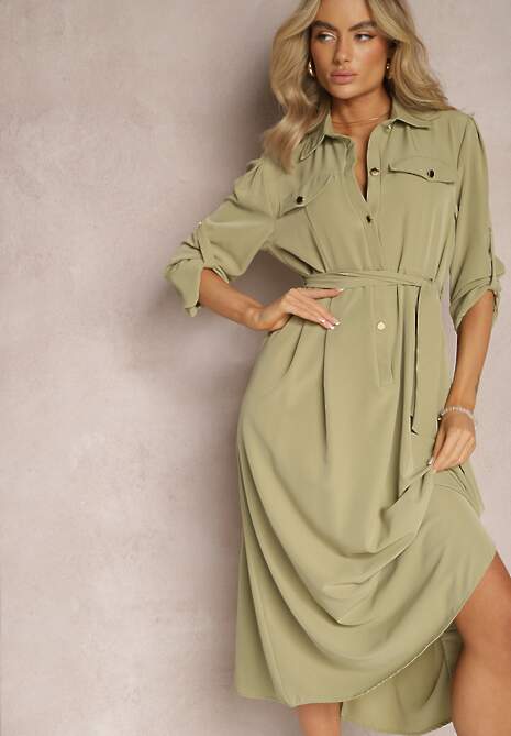 Jasnozielona Długa Sukienka z Rozkloszowanym Dołem i Koszulową Górą Kitesi