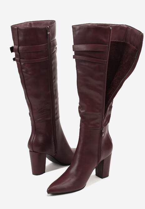 Bordowe Kozaki do Kolan na Słupkowym Obcasie ze Sprzączkami na Paskach Miobela