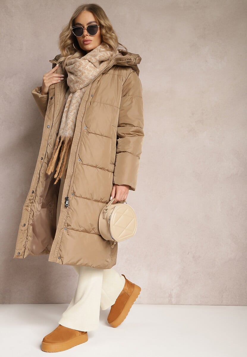 Brązowa Kurtka za Kolano Pikowana z Kapturem Nafesa