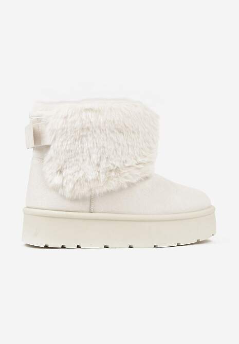 Beżowe Śniegowce z Cholewką za Kostkę Ocieplane z Futerkiem i Małą Kokardą Reinedia