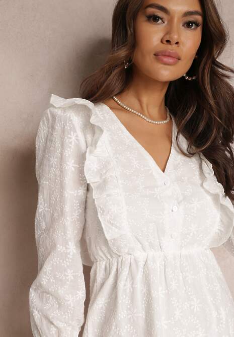 Biała Sukienka z Haftowanego Materiału z Gumką w Pasie Tecusa