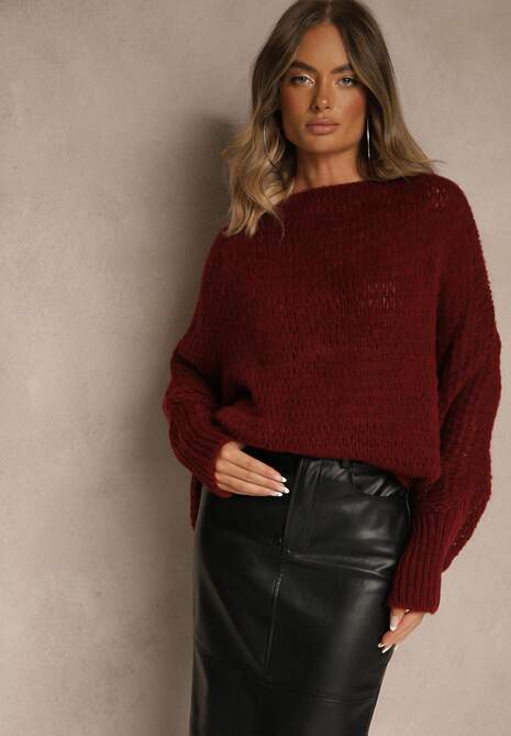 Bordowy Luźny Sweter Dzianinowy w Stylu Ponczo Nattava