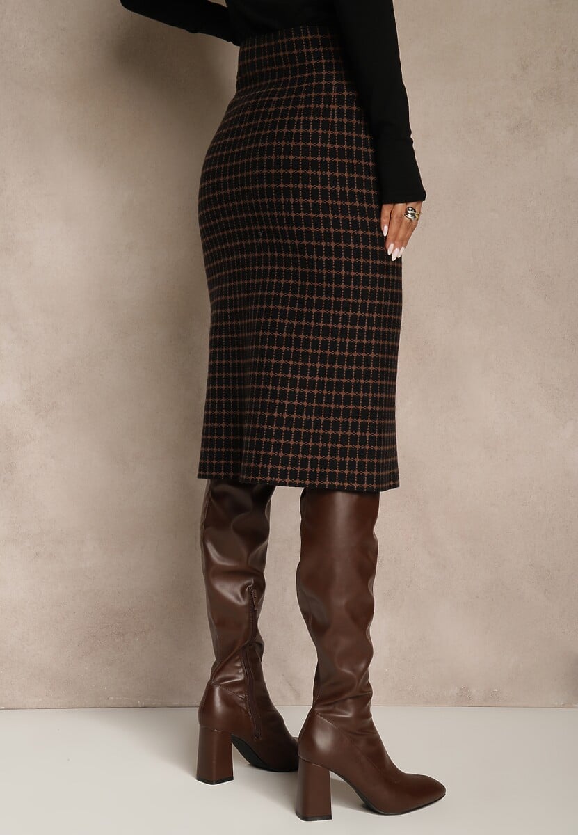 Czarna Tweedowa Spódnica Ołówkowa w Kratę z Guzikami Aretusa