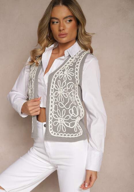 Szara Kamizelka Sweterkowa z Wiskozą i Wzorem Kwiatów Sanorina