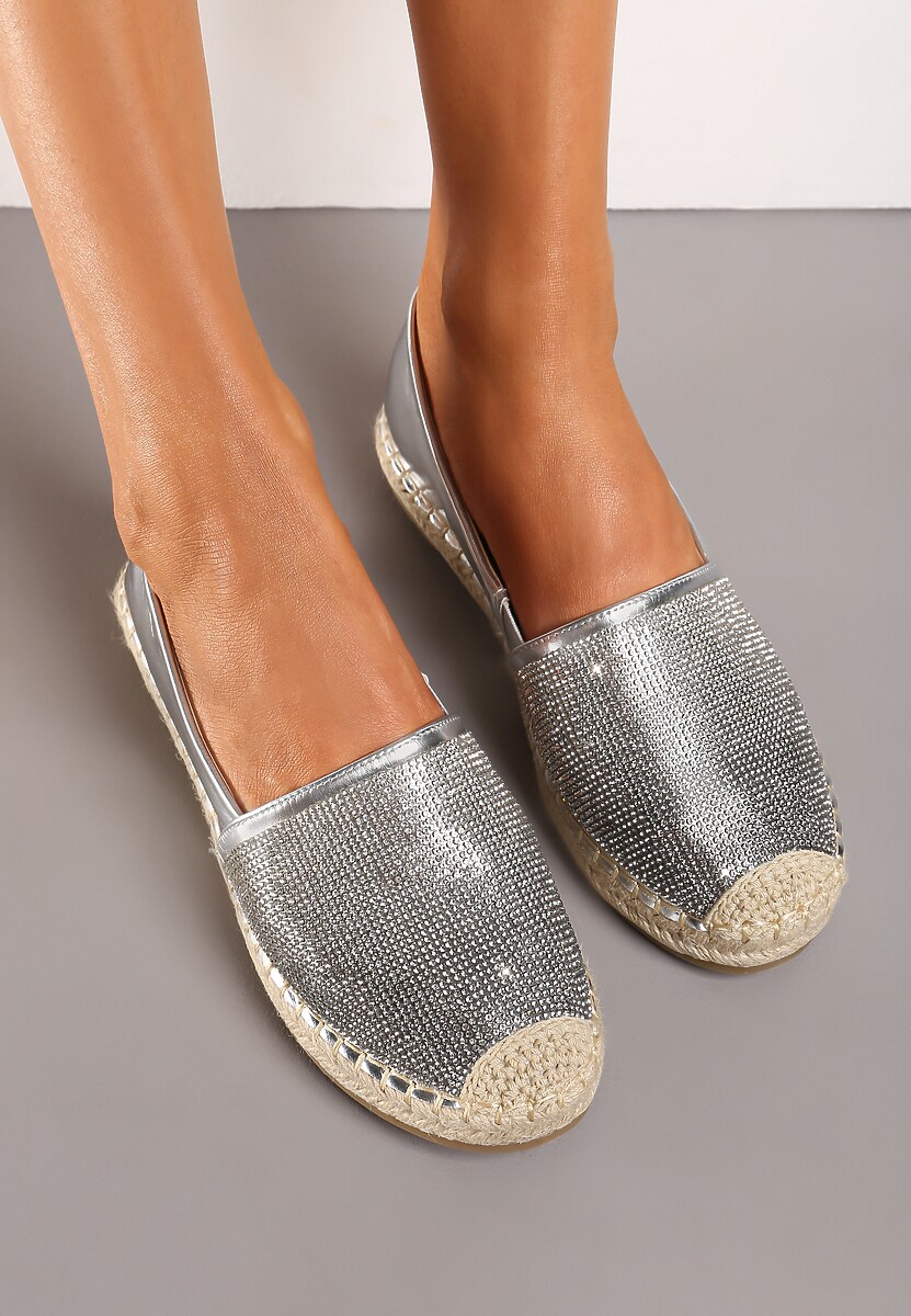 Srebrne Płaskie Espadryle z Plecionką i Cyrkoniami Dadessa