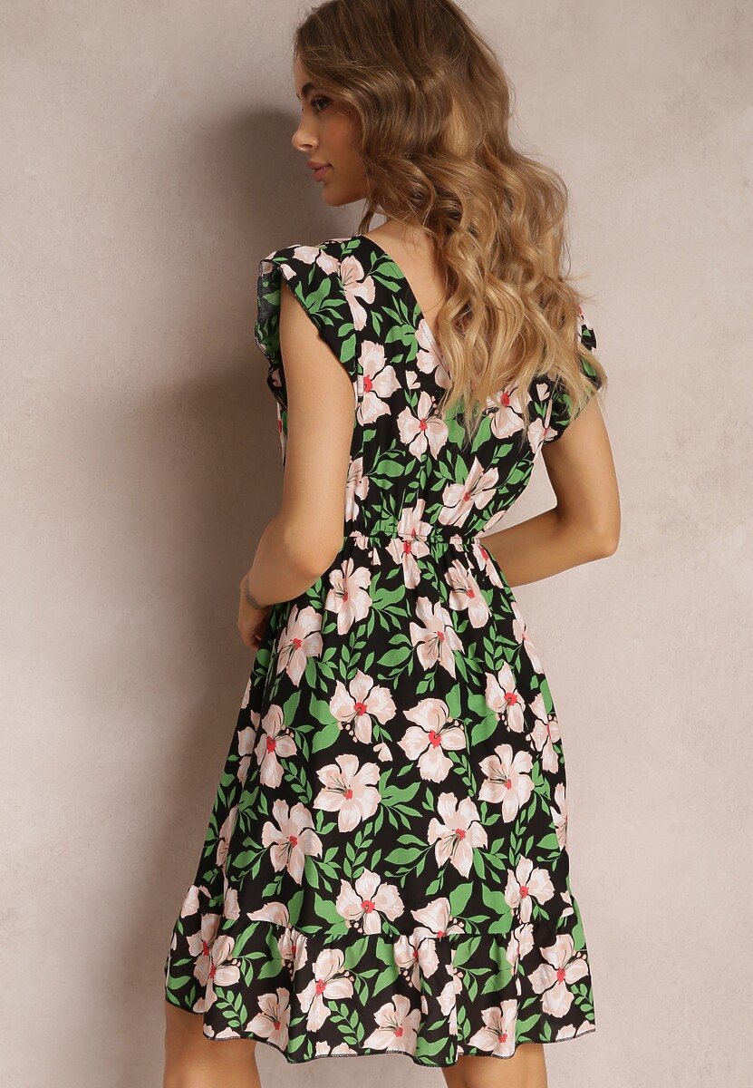 Czarno-Zielona Rozkloszowana Sukienka Bawełniana w Kwiaty Maller