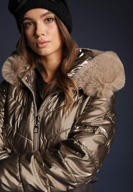 Złota Pikowana Kurtka Metaliczna z Kapturem i Futerkiem Vivana