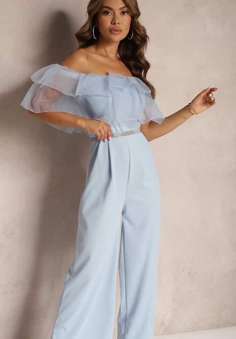 Jasnoniebieski Koktajlowy Kombinezon z Falbanką przy Dekolcie bez Rękawów Tessita