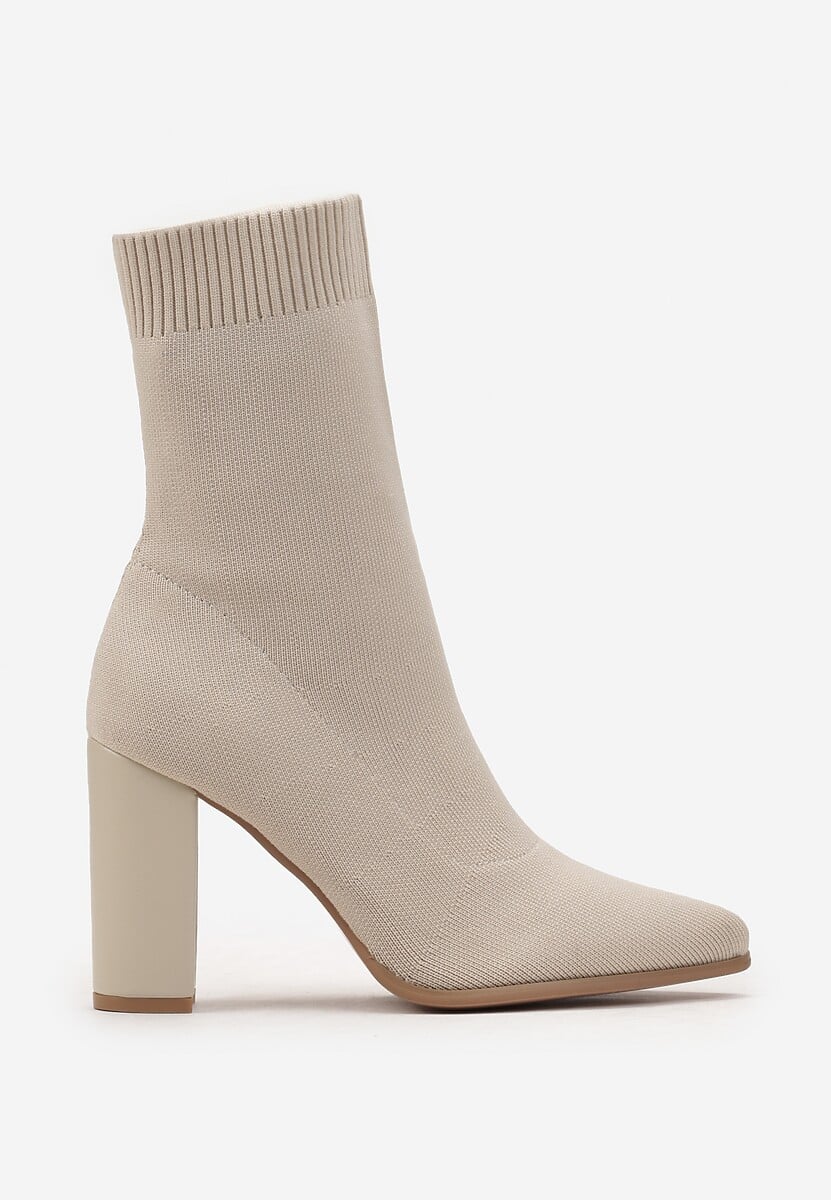 Beżowe Dopasowane Botki na Słupku ze Skarpetkową Cholewką Elarana