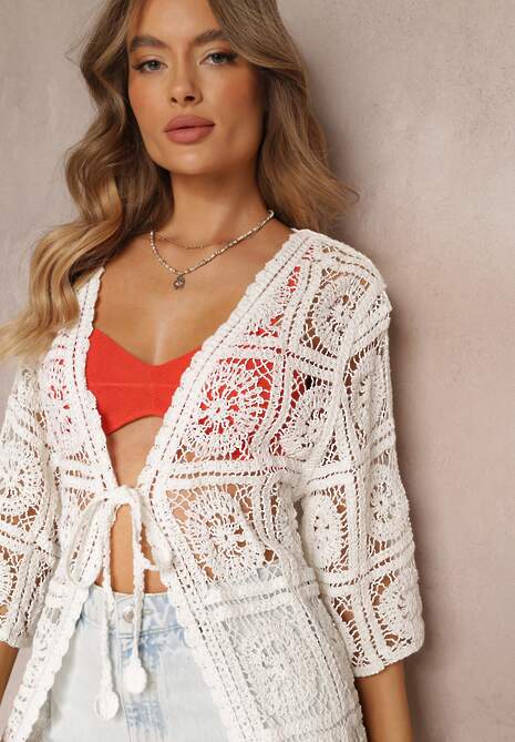 Biała Narzutka Przezroczysta z Haftem i Wiązaniem w Pasie Charolette