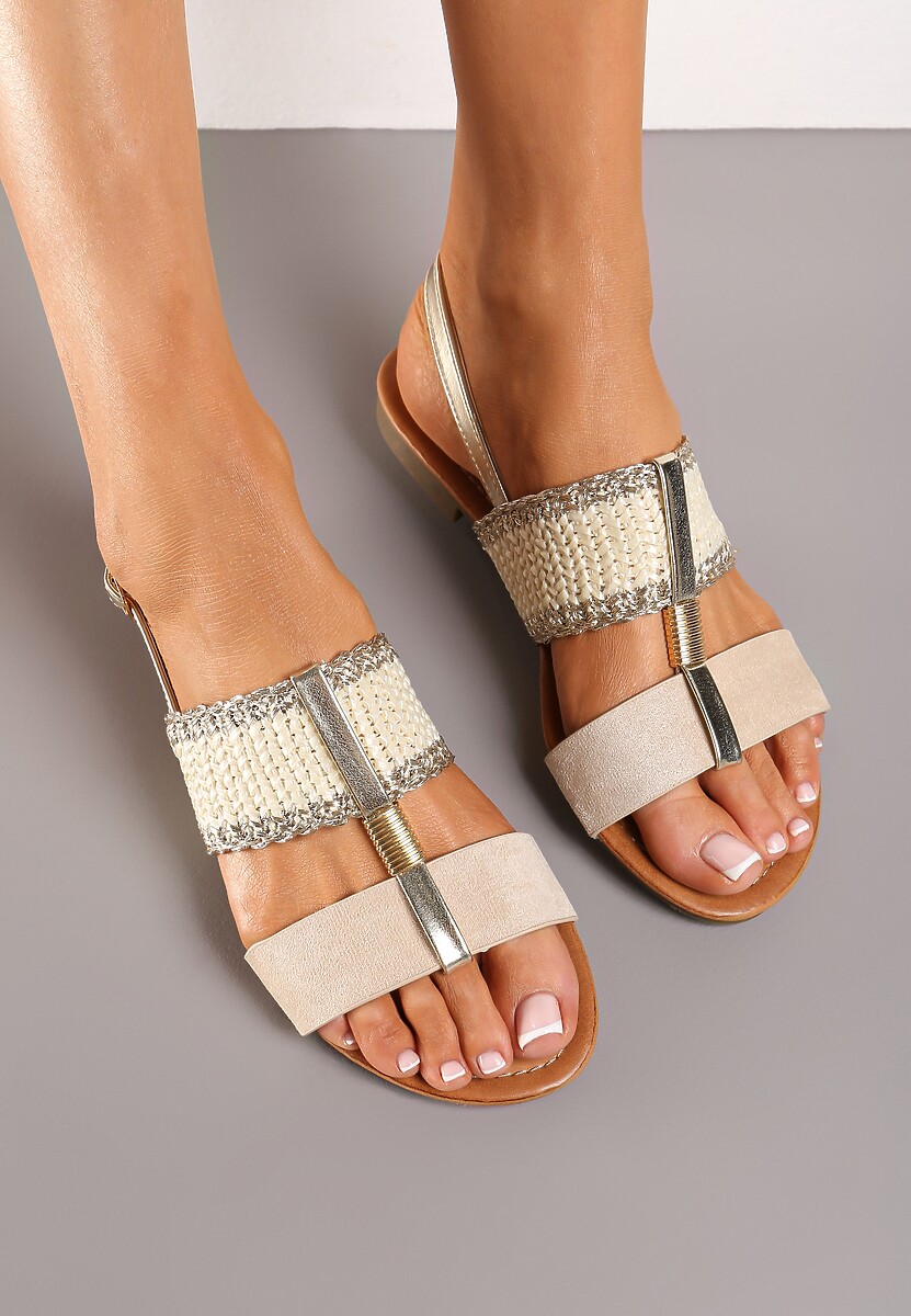 Złote Sandały z Ekoskóry ze Sprzączką z Metalicznymi Wstawkami i Plecionką Ursules